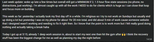 Blake: minimum 2 × 1.5h flow sessions, no phone, no distractions